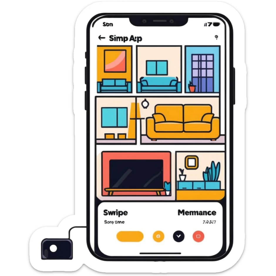 dating app swipe interface on phone but with living room designs instead of people profiles, with swipe left and right indicators sticker