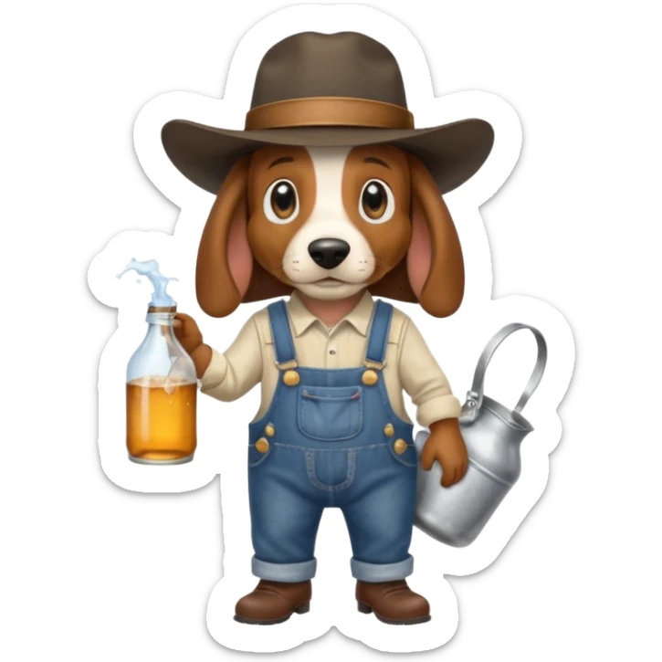 toothless hillbilly basset hound wearing a stetson and dungarees carrying moonshine sticker