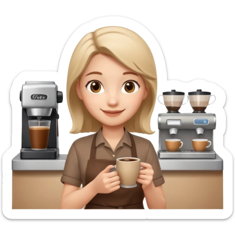 cute barista portrait, head and shoulders only, wearing apron, coffee shop uniform, friendly smile, holding a small coffee cup, 3D cartoon, mobile game icon style, clean background, no text, no watermark
 sticker