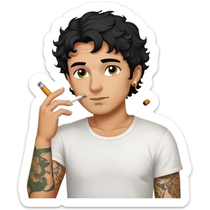 Italian man with tanned skin, curly black hair in short bob style, stubble, olive eyes, gold earring in left ear, white t-shirt, black tattoo on forearm, smoking cigarette sticker