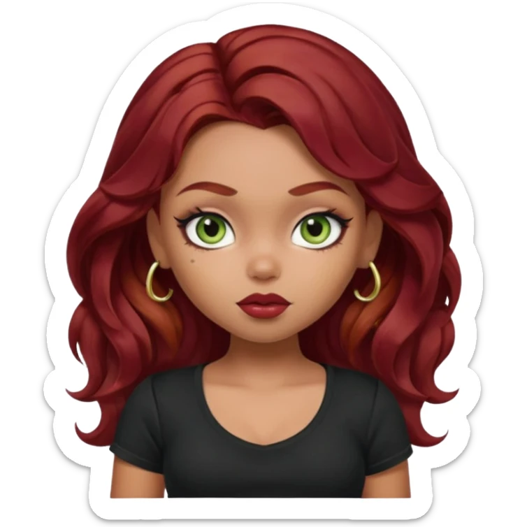 a pretty fair bratz girl with wavy dark red hair, wearing a black tee. eyeliner on, olive green eyes. Till stomach sticker
