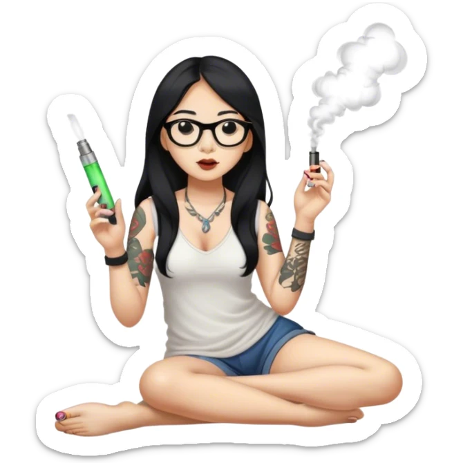 Black hair long hair Asian girl, wearing slippers, glasses, only one arm tattooed, smoking an e-cigarette sticker