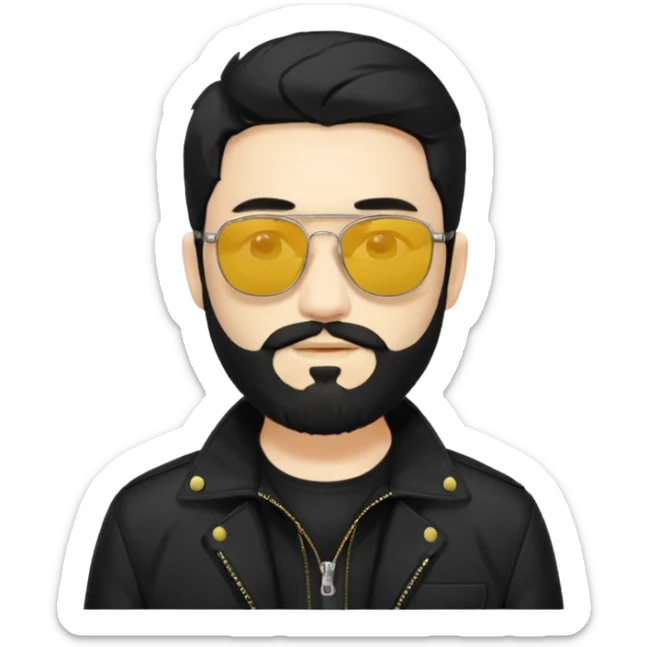 A man White middle long middle part black hair sunglasses with yellowish glasses And black jacket. Hipster black beard sticker