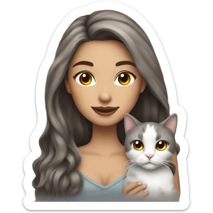 Beautiful brown haired tattooed woman holding gray and white long hair cat sticker