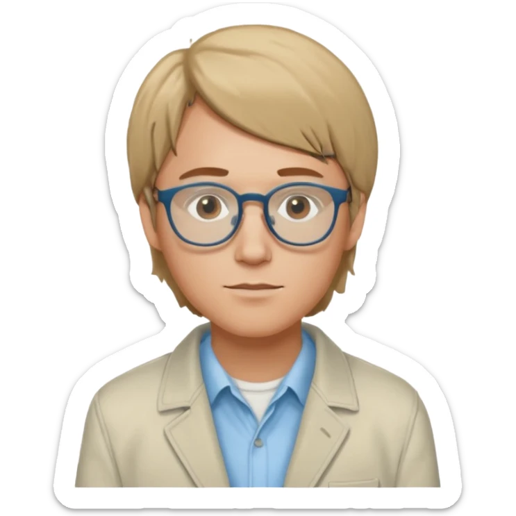 Brian Lackey from Mysterious Skin with brown eyes, dark blonde hair, light blue shirt, ivory jacket, glasses sticker