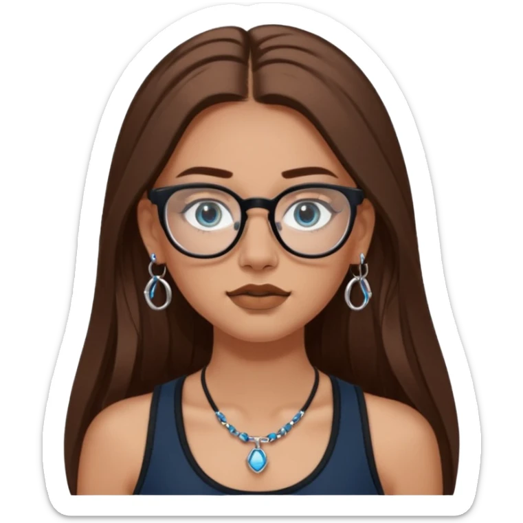 White girl with long brown hair, part going more to the RIGHT side, BLUE eyes, wearing BLACK rectangle plastic frame glasses. SEPTUM nose piercing hoop (at bottom of nose) AND stud nose piercing on right side of nose. Wearing BLACK tank top. No other jewelry sticker