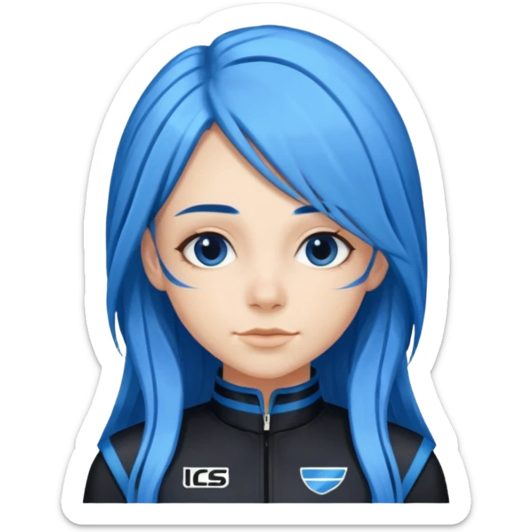 blue long hair woman with black racing outfit with blue strips sticker