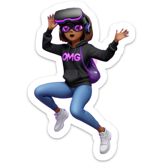 brown haired girl with a bob girl wearing black hoody with violet letters "OMG", in vr headset oculus quest2. jumping. Cyberpunk style. Violet neon. sticker