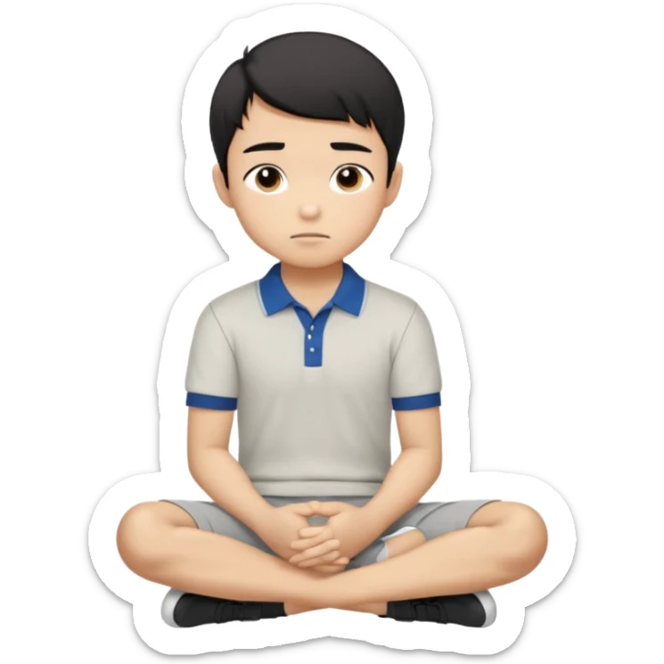 Cartoon Asian boy sitting cross-legged, clearly resting his closed fist against his cheek, looking thoughtful with a slight smirk. White polo, gray pants, black shoes, large eyes, short black hair. Clean vector style, flat colors, black background. sticker