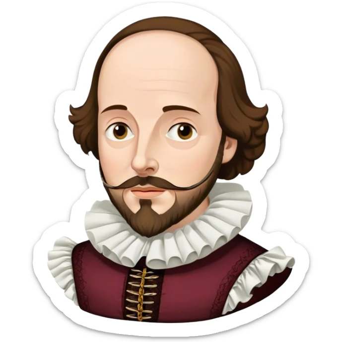 Cinematic Realistic portrait of William Shakespeare, depicted as an iconic playwright in richly detailed Elizabethan attire with a ruffled collar, expressive eyes, and a thoughtful gaze, bathed in dramatic historical lighting that evokes the Bard’s timeless legacy sticker