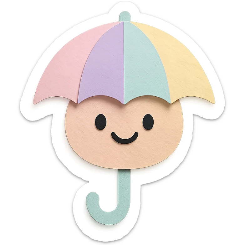 cute pastel rainbow umbrella, smiling face, soft pastel colors, no limbs, full body, paper craft style sticker
