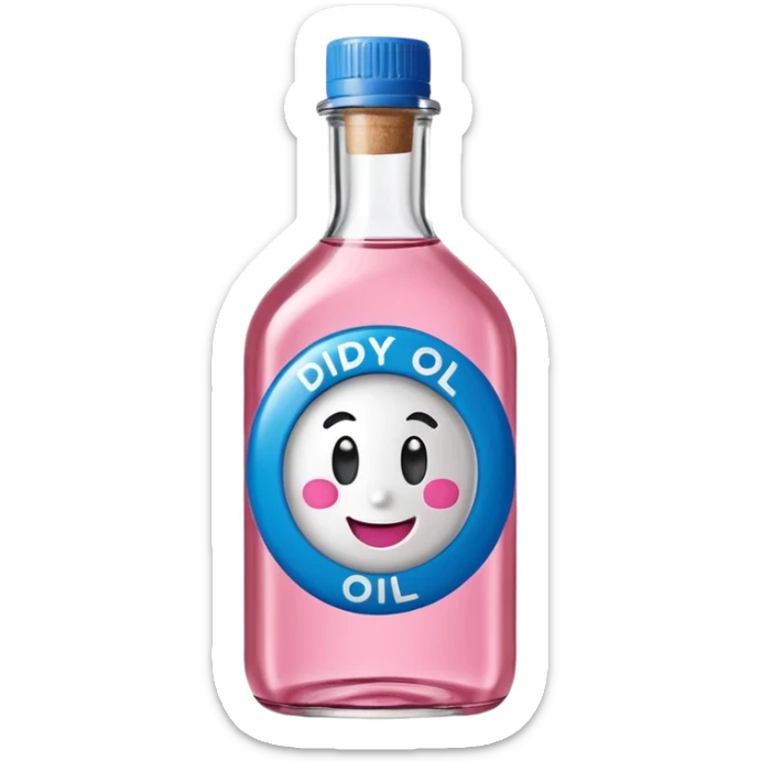 Smiling bottle of oil blue top pink outside with logo that says diddy oil sticker