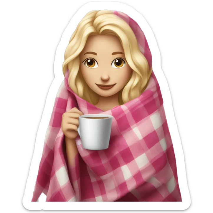 cute blonde girl wrapped in pink plaid blanket drinking coffee sticker