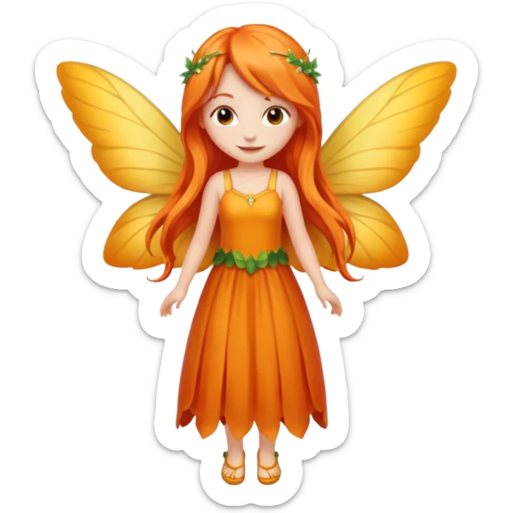 fairy with long orange hair, yellow wings, red dress, happy, chibi full body sticker