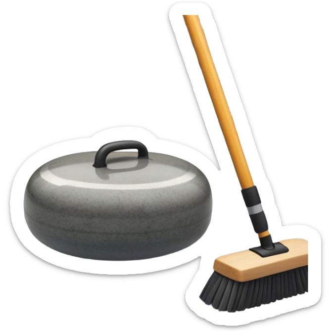 An icon showing a detailed close-up of a curling stone sliding across the ice, with a broom in motion beside it. The background features an indoor stadium with cheering spectators on the stands. Transparent background captures the strategy and focus of curling. sticker