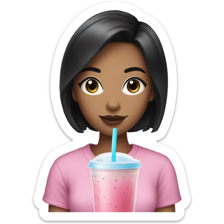 23 years old woman with Black short hair an blue eyes holding a pink bubble tea sticker