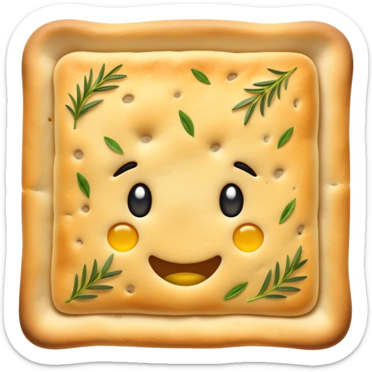 Focaccia Cinematic Realistic Focaccia Bread Dish Emoji, depicted as a golden, olive-oil brushed flatbread sprinkled with herbs, rendered with lifelike textures and warm, inviting lighting. sticker