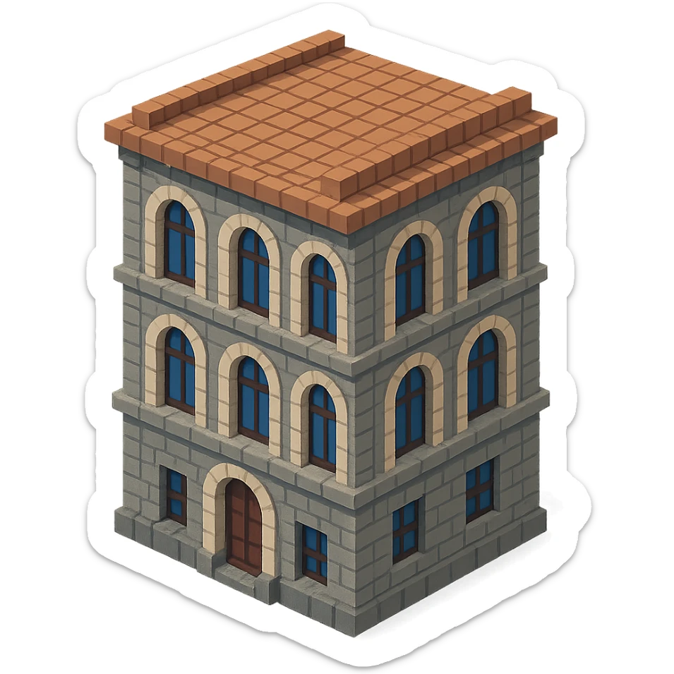 old Saint Petersburg building in voxel style, muted gray and brown colors, tall arched windows, isometric view sticker