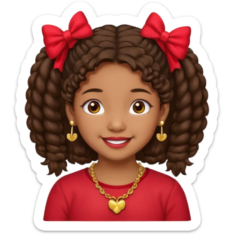 Brownskin girl dark brown hair fluffy. pigtails with red bows brown eyes smiling closed mouth red shirt gold esrrings gold necklace sticker