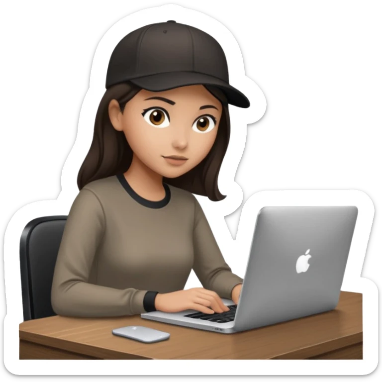 A professional 3D avatar of a young woman with olive skin and long, dark brown hair, wearing a dark, long-sleeved classy taupe shirt and a black baseball cap. She's sitting at a sleek wooden desk, typing and looking at a silver MacBook.  sticker