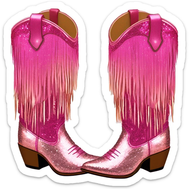 Realistic hot pink to rose gold ombre pair of fashion cowgirl boots with sparkly shiny glitter fringe on them. sticker
