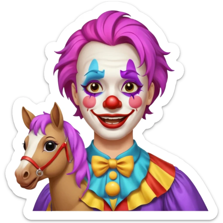 a crying but smiling and showing a peace sign clown face riding a horse sticker
