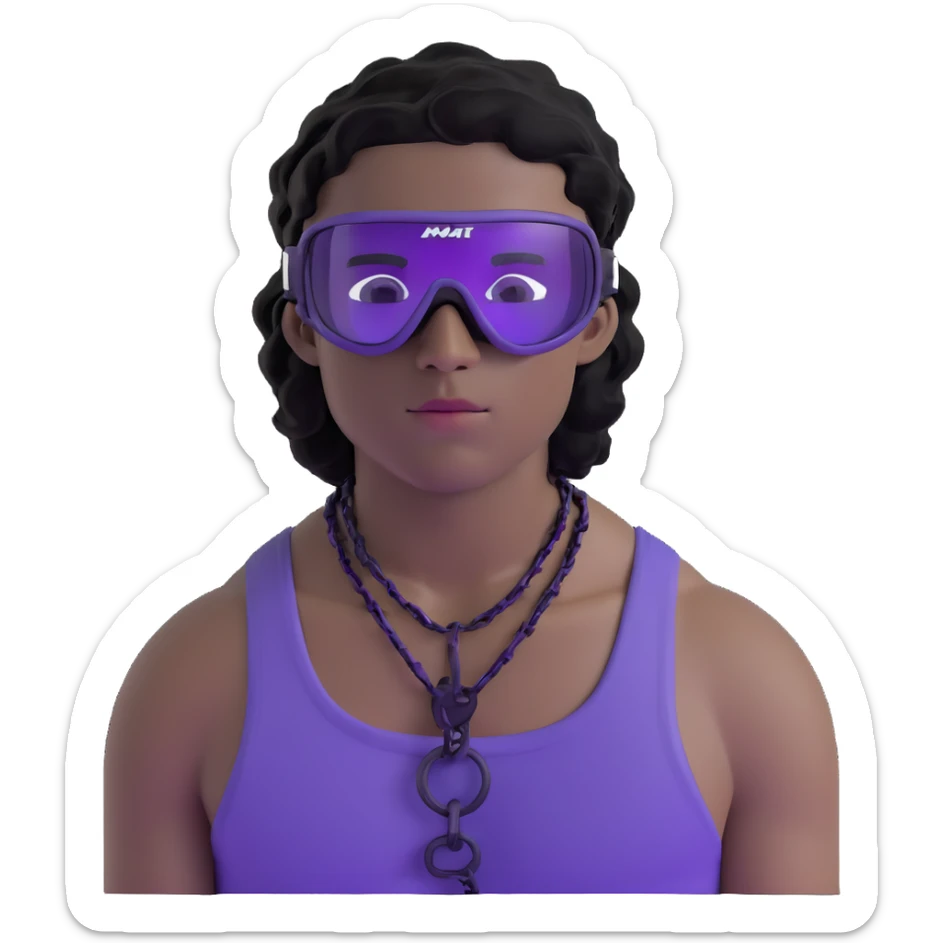 shirtless male athlete with white skin and moderately curly black hair on top with shaved sides, wearing ski goggles with purple frames/outline and very dark heavily tinted black lenses that completely hide the eyes, and a simple plain black chain necklace, no earrings sticker