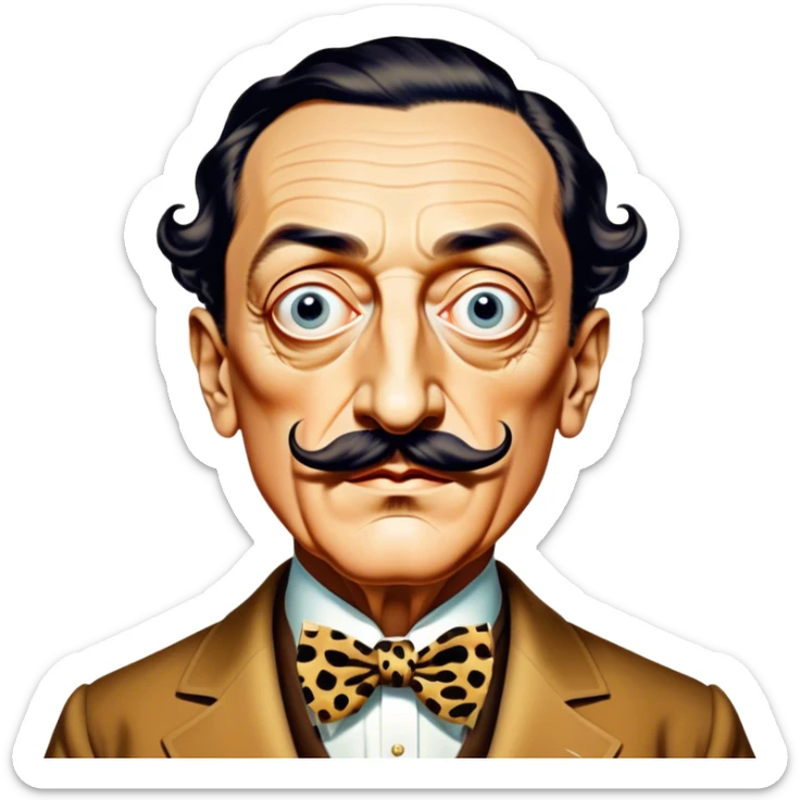 Cinematic Realistic portrait of Salvador Dalí, depicted as a surrealist artist with eccentric, expressive features and his iconic mustache, rendered with vibrant, imaginative lighting and richly detailed period attire that capture his avant-garde essence. sticker