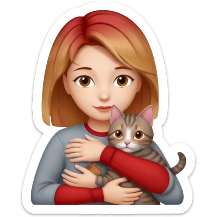 Une femme avec les cheveux dégradée, châtain et blond, qui fait un câlin à son chat gris, tigré avec des reflets roux sticker