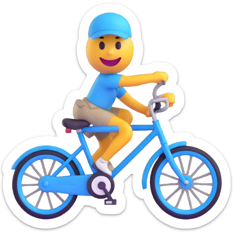 3D smiley emoji, round shape, student arriving by bicycle, blue color, sporty face sticker