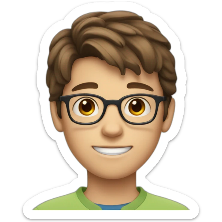 11 year old boy with brown hair and blue eyes with glasses as a fortnight charater sticker