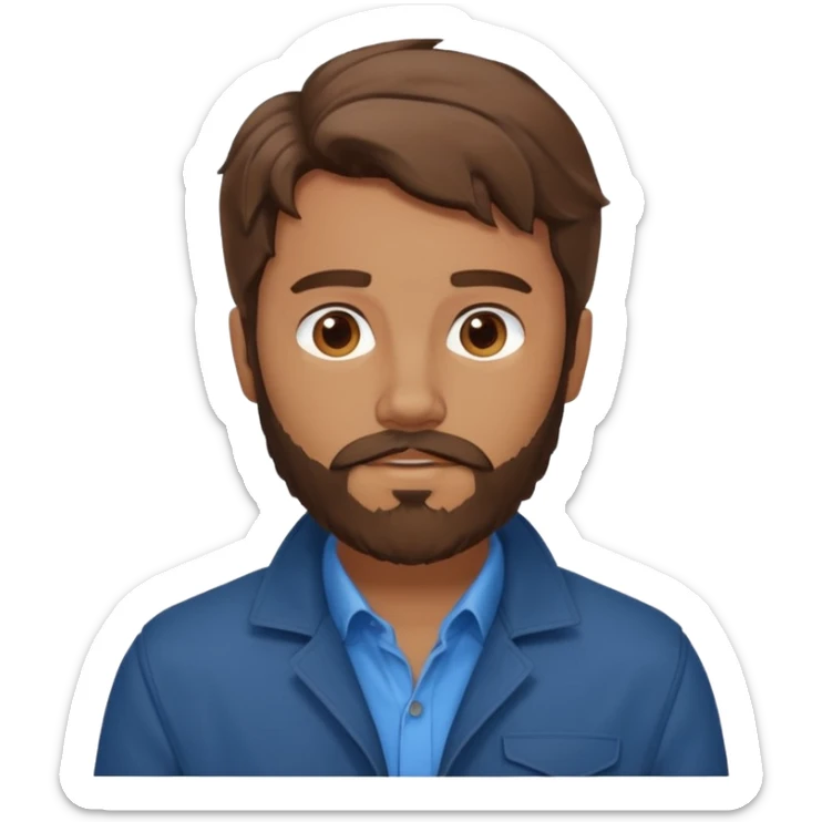 Avatar of a bearded man with wavy brown hair, wearing a brown jacket over a blue shirt, on a light blue background. sticker