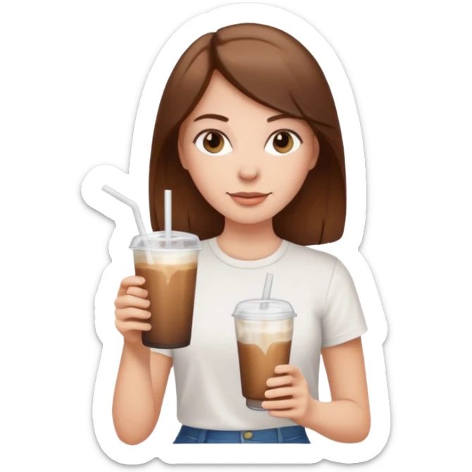 A white girl with brown hair and wearing a white tee holding an ice coffe sticker