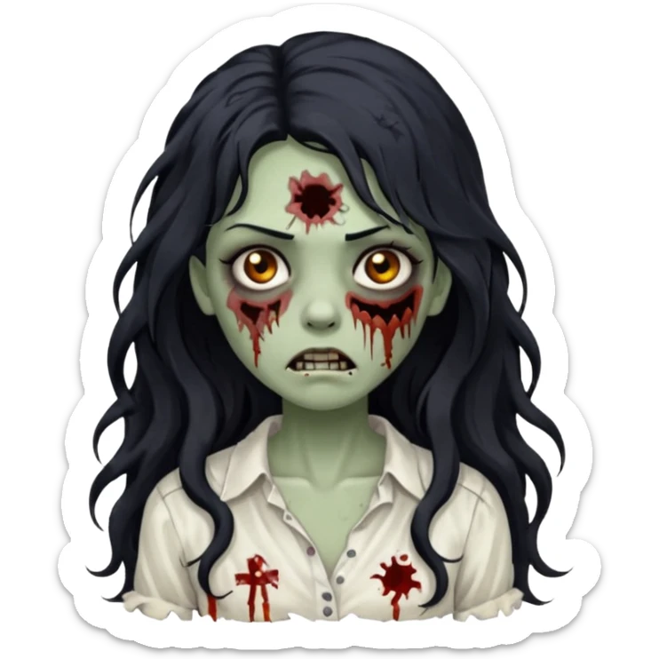 garota zumbi com cabelo preto ondulado longo blusa branca sticker