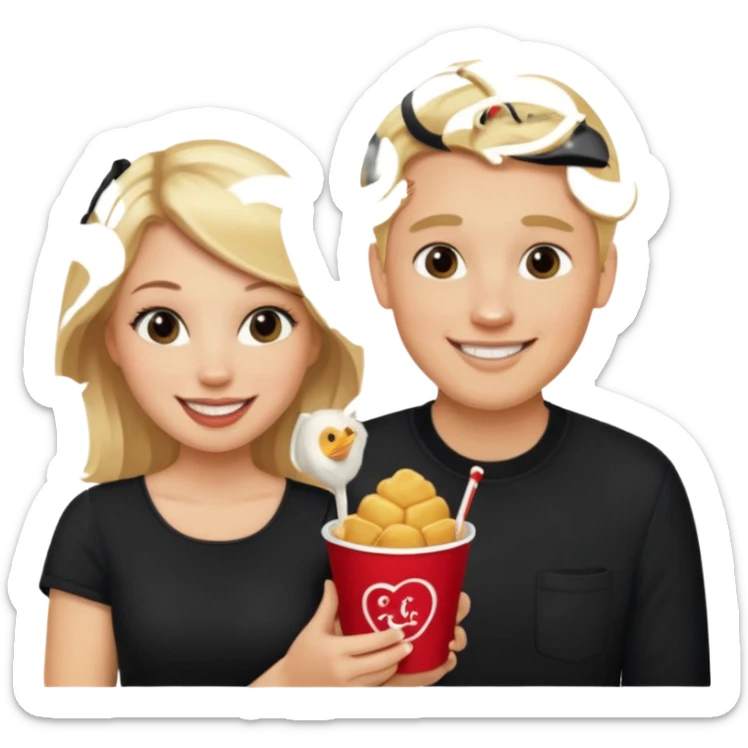 Couple with blonde hair wearing black eating chick filet  sticker
