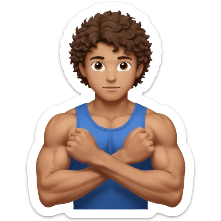 muscular teen boy with veiny hands arms and biceps. has messy curly hair with tan skintone sticker