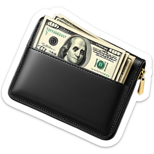 Rich emoji style black leather wallet with dollar bills, luxury money vibe, premium 3D emoji, ultra clean, high detail, no background
 sticker