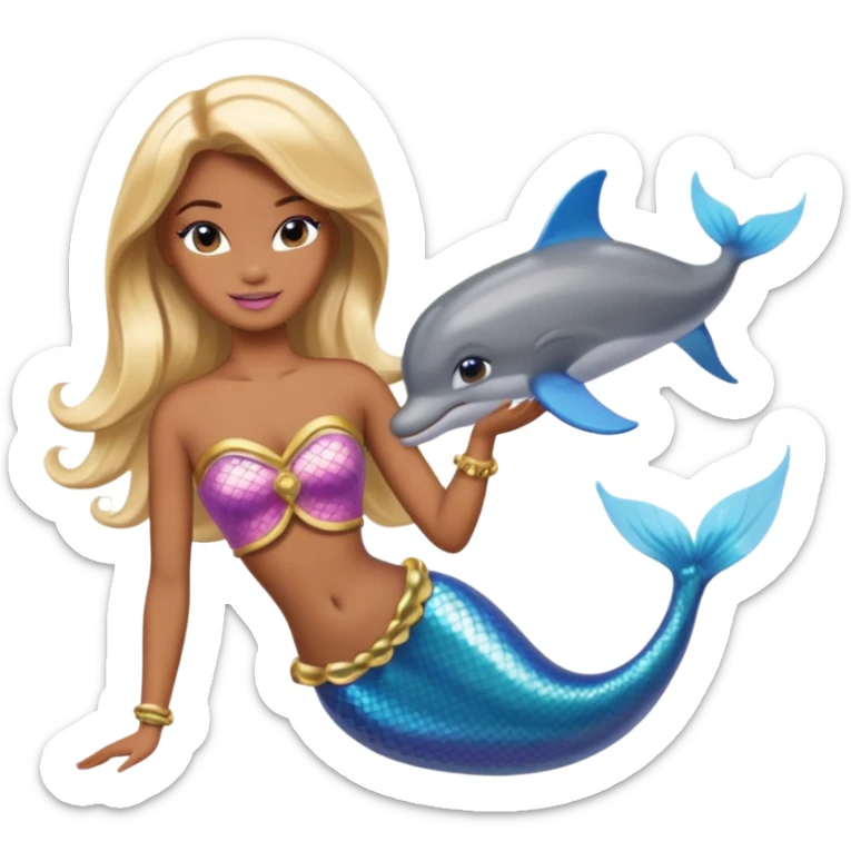 Brown skin blonde hair barbie mermaid with dolphin  sticker