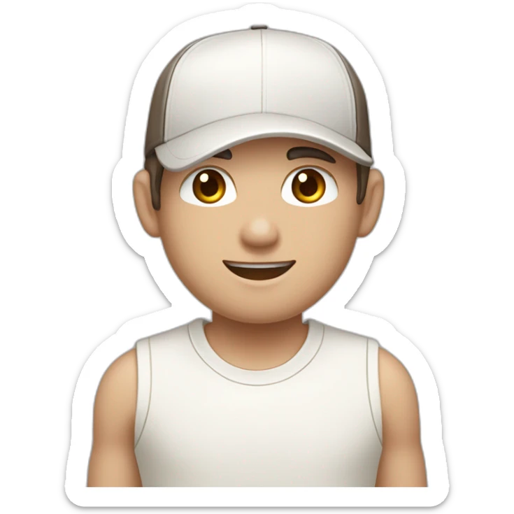 Pale skinned fit Man with dark brown hair in a white cap, gray jeans and beige polo T-shirt keeping a pasted box into his hands sticker