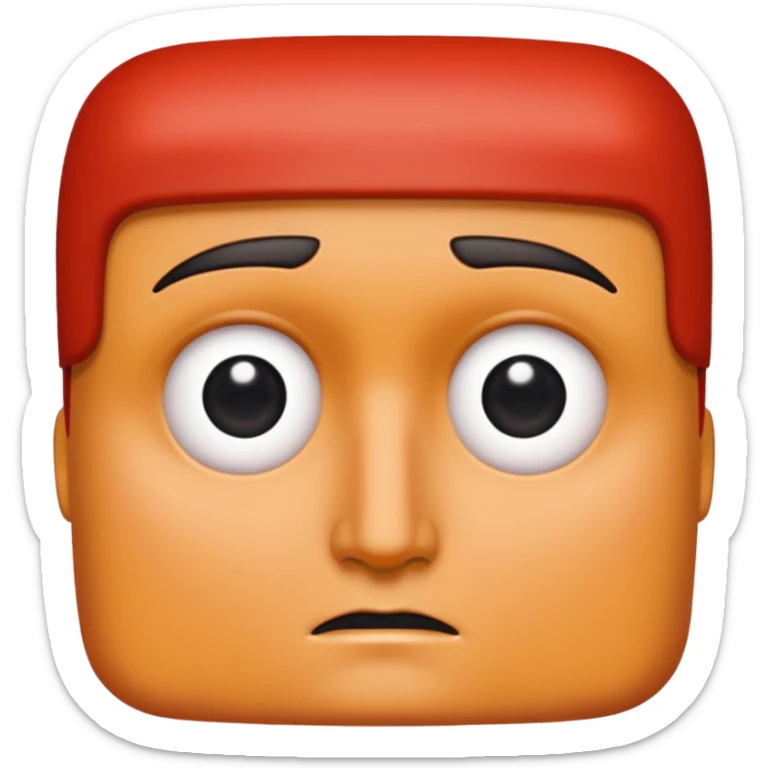 Una figura roja con cabeza cuadrada y cuerpo de rectángulos con cara con dos ojos negros como puntos y cejas preocupadas sin boca y que tenga como una especie de polvo café en la cabeza sticker