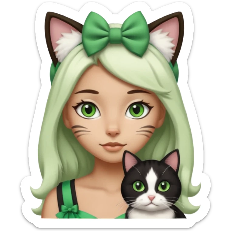 A black and white cat with green eyes she’s a girl she has a bow on her head she’s kinda fluffy  sticker
