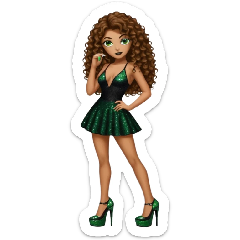 Half naked green eyes brown long curly hair woman, gang drug lord mafia boss style with 7 inch platform stripper high heels black glitter dress sticker
