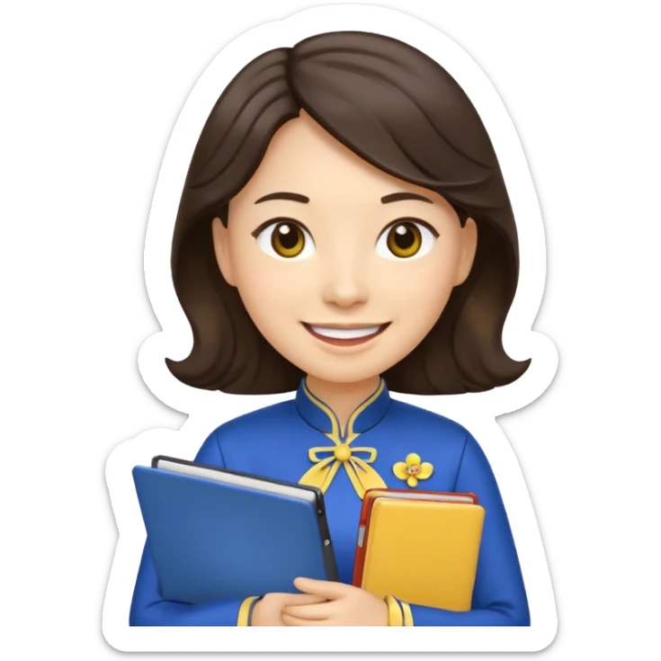 Teacher emoji but : wavy (not straight) dark brown hair, light skin, no glasses, dark eyes, with a computer folder in the hand (color is yellow), being a teacher, wearing a chinese qipao ( dark blue), smile with teeth




 sticker