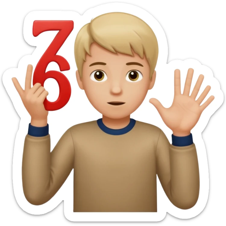 A boy shrugging with the number 6 over one hand and the number 7 over the other  sticker
