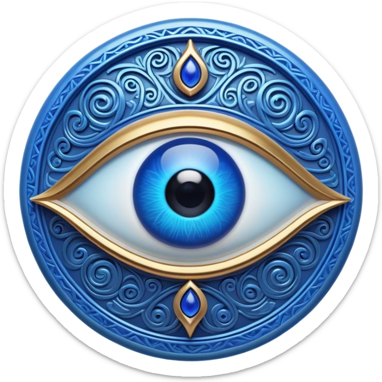 Cinematic Realistic depiction of a classic Evil Eye talisman, rendered with intricate details and vibrant blue hues, set against a soft, ethereal backdrop that underscores its protective symbolism sticker
