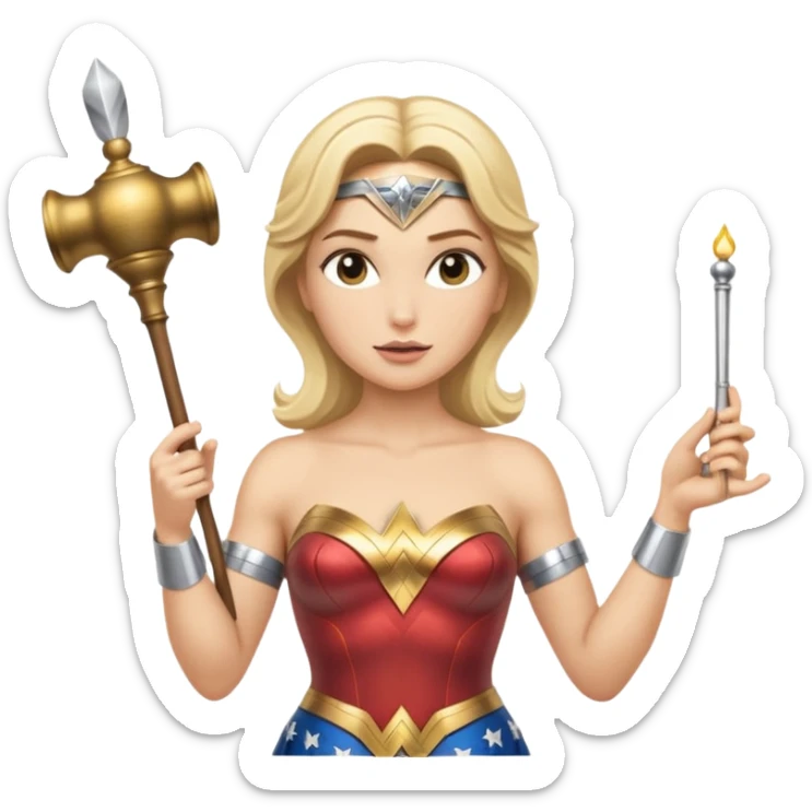 Blonde Wonder Woman holding short white orchestra conductor’s baton and bell sticker