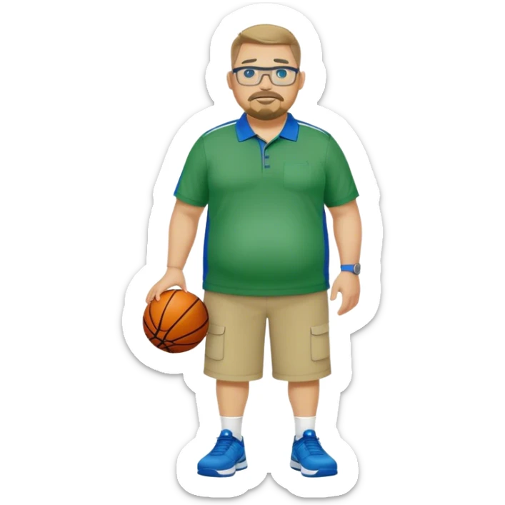  full body white obese male basketball coach with trophy. Goatee , Wearing glasses and blue and green nike polo shirt and khaki pants sticker