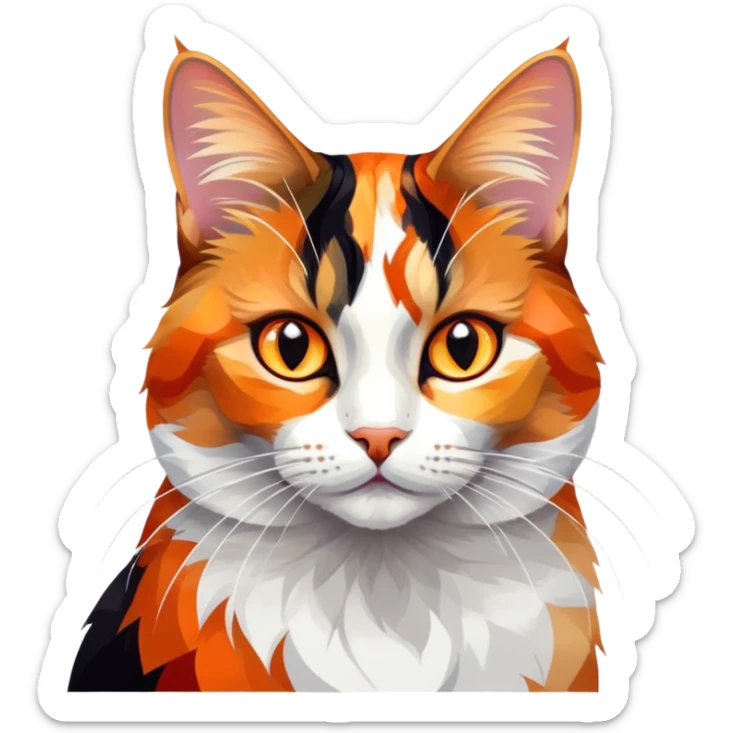 cinematic-noble-calico-cat-portrait-emoji,-poised-and-regal,-with-a-striking-patchwork-fur-in-vibrant-orange,-black,-and-white-hues premoninantly black,-delicate-whiskers-and-a-refined,-relaxed-gaze,-simplified-yet-exquisitely-detailed,-glowing sticker