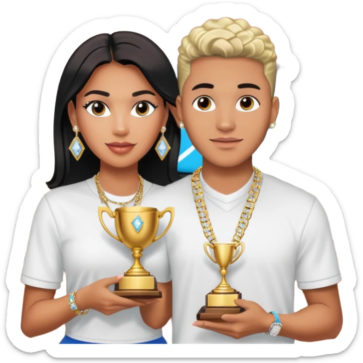 Internet celebrity Josh King Madrid jetset wearing shiny diamond earrings and sparkly iced out diamond tennis necklace chains with Instagram model girl tefi valenzuela sitting with him holding gold internet celebrity trophy on tv show in Miami sticker