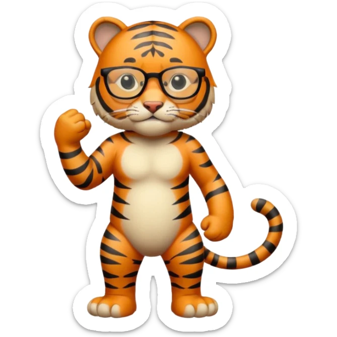 un tigre con gafas parado en dos patas con la mano en la derecha haciendo firme sticker